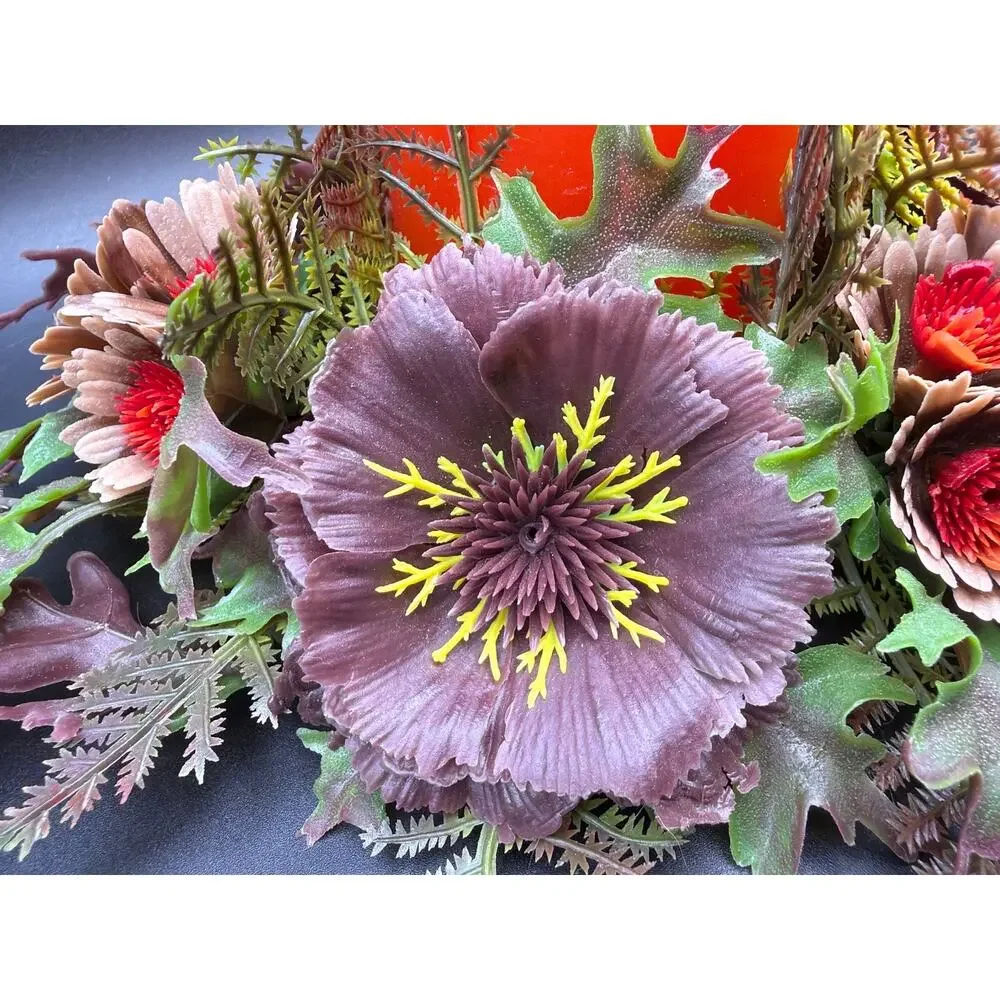 Vintage Fall Floral Centerpiece Orange Pillar Candle Thanksgiving Decor 10x6.5